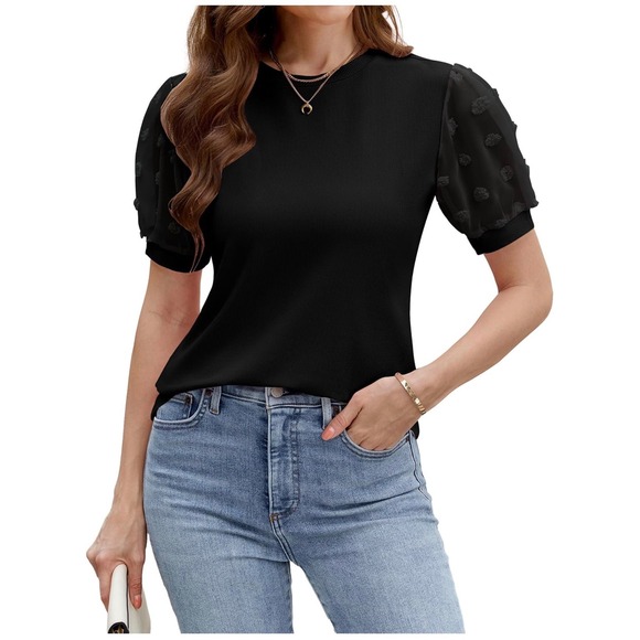 Blooming Jelly Tops - Blooming Jelly Black Ribbed Knit Top Swiss Dot Puff Sleeve Crew Neck NWT M